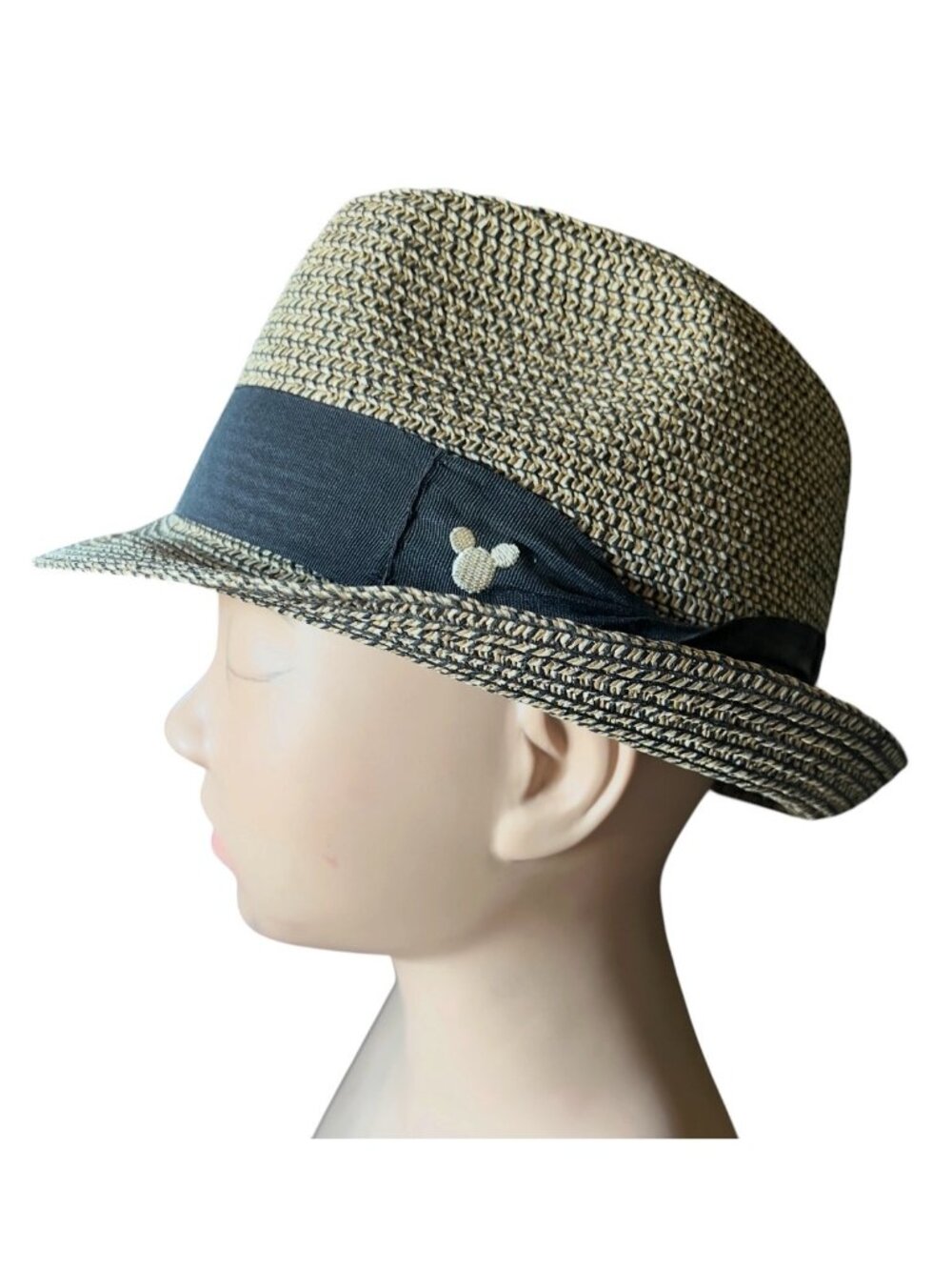 Disney Parks Fedora Hat Size 7 1/8 Mickey Mouse Logo on Band Tan Cream Black